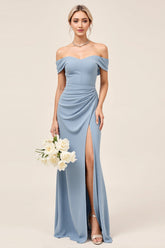 Chiffon Staubblaues Langes Brautjungfernkleid mit Rüschen und Schlitz